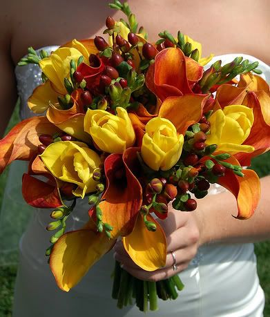 flame calla lilies hand tied